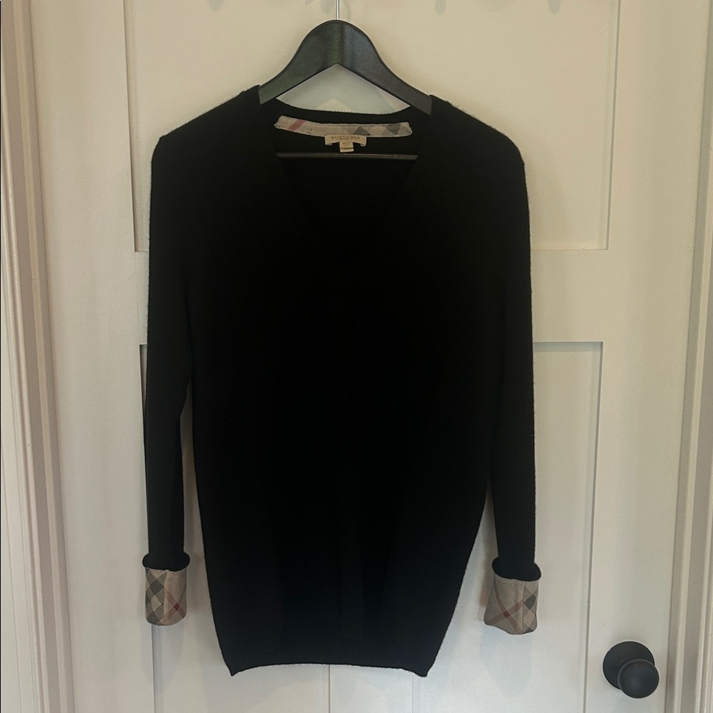 Burberry Britt Black V Neck Sweater with Plaid Detail